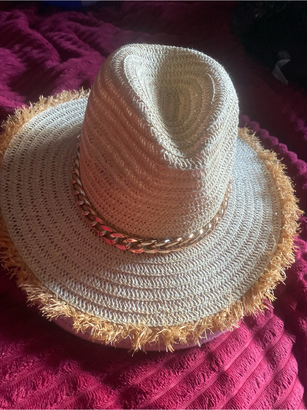 Woven Straw Fedora Hat with Gold Chain Trim - Natural